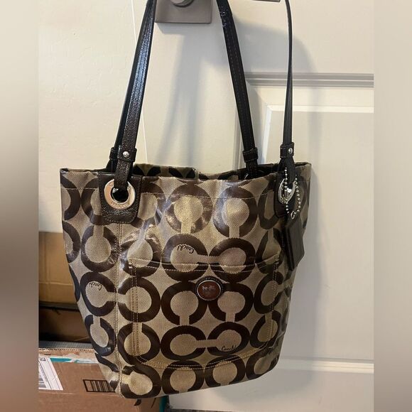 Coach Alex Op Art Brown/Khaki Coated Canvas Tote 14264 - Picture 1 of 10